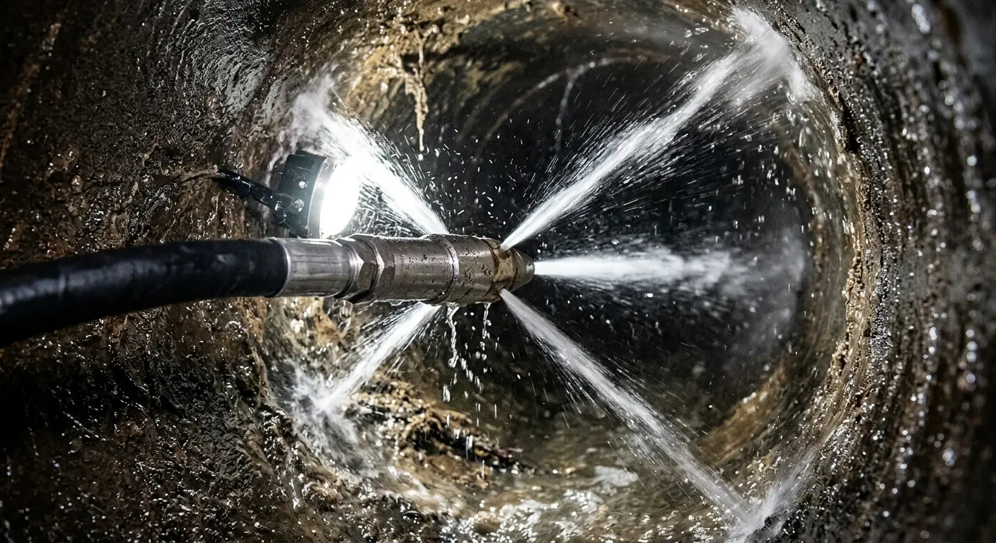 High-pressure hydro jetting nozzle cleaning sewer pipe for Storm Drain Cleaning in Watertown