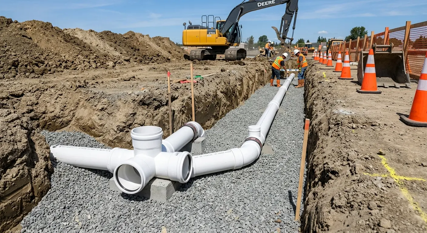New PVC sewer pipe installation in open trench for Sewer Backup in Watertown